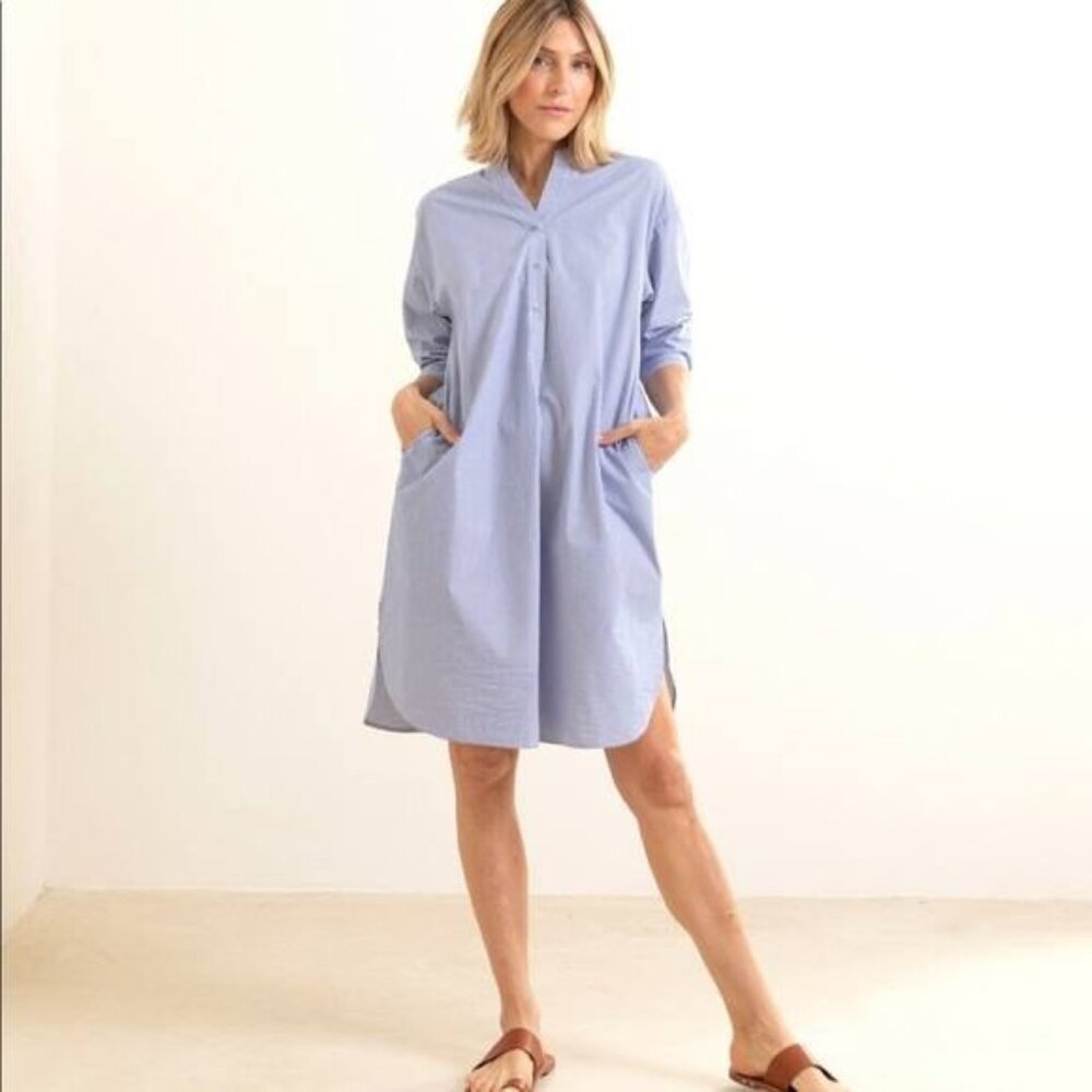 NWT Mer Sea Coastal Blue Pinstripe Essential Shirt Dress Size S/M